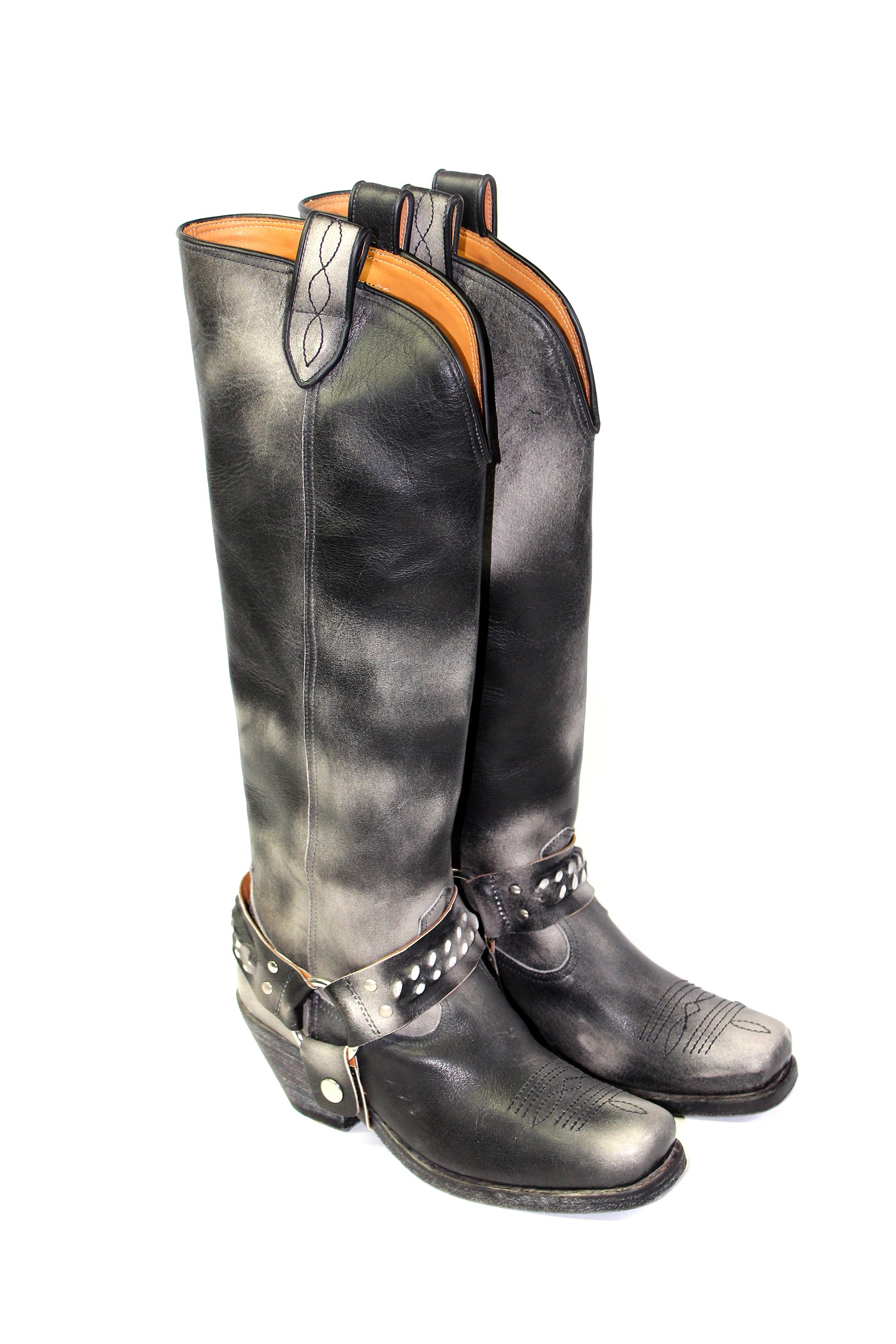 RODEVA SQUARE TOE COWBOY BOOTS WASHED BLACK