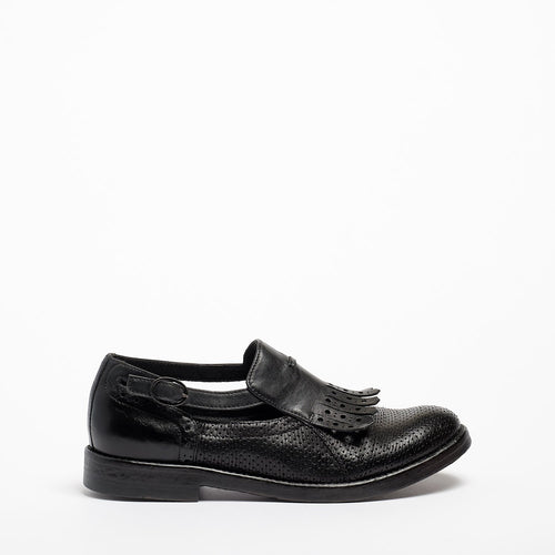 Laverne Buckle side open Shoes perforated natural vacchetta leather black